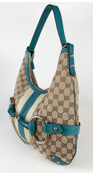 Gucci 2000s Monogram Canvas & Teal Leather Horsebit Hobo Bag – Featherstone  Vintage