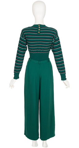 1980s Striped Green Wool Sweater & Wide-Leg Trouser Set