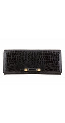 1980s Black Faux Croc Embossed Leather Clutch