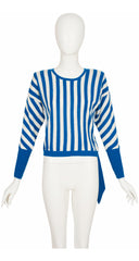 1980s Blue & Cream Striped Angora Wool Knit Sweater