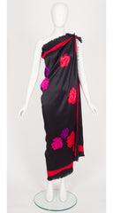 1980s 54" Rose Polka Dot Print Black Silk Shawl