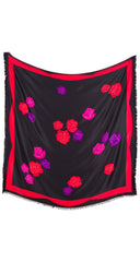 1980s 54" Rose Polka Dot Print Black Silk Shawl