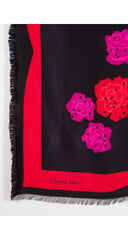 1980s 54" Rose Polka Dot Print Black Silk Shawl