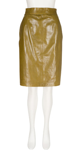 1980s Olive Leather Scalloped Waist Pencil Skirt