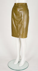 1980s Olive Leather Scalloped Waist Pencil Skirt