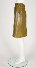 1980s Olive Leather Scalloped Waist Pencil Skirt