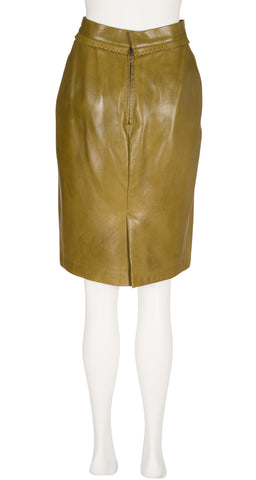 1980s Olive Leather Scalloped Waist Pencil Skirt