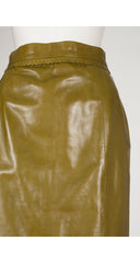 1980s Olive Leather Scalloped Waist Pencil Skirt