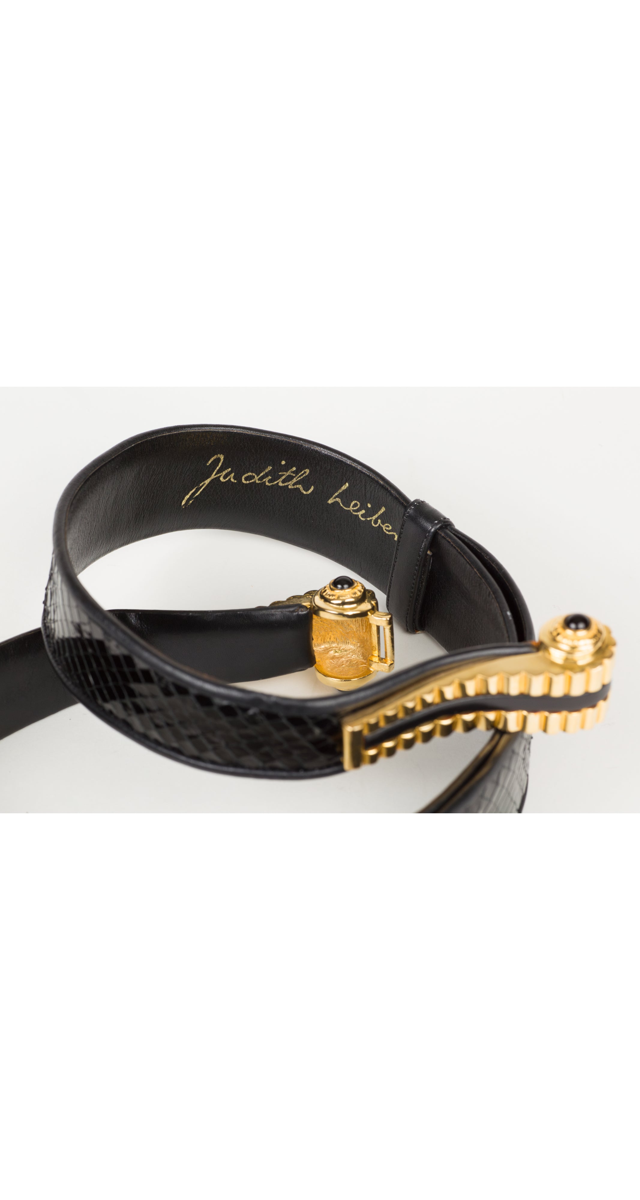 Judith Leiber 1980s Gold Spiral Buckle Black Snakeskin Adjustable