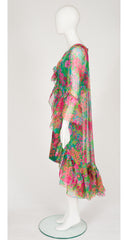 1980s Floral Silk Organza Ruffle High-Low Dress Set