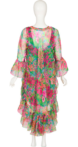 1980s Floral Silk Organza Ruffle High-Low Dress Set