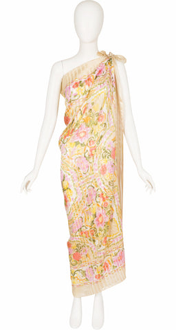 1990s 53" Floral Print Striped Silk Chiffon Shawl