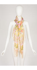 1990s 53" Floral Print Striped Silk Chiffon Shawl