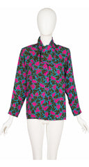 1980s Leaf Print Pink & Blue Silk Jacquard Tie-Neck Blouse