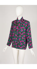 1980s Leaf Print Pink & Blue Silk Jacquard Tie-Neck Blouse