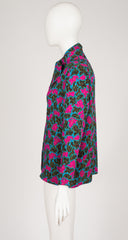 1980s Leaf Print Pink & Blue Silk Jacquard Tie-Neck Blouse