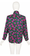 1980s Leaf Print Pink & Blue Silk Jacquard Tie-Neck Blouse