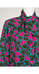 1980s Leaf Print Pink & Blue Silk Jacquard Tie-Neck Blouse