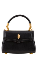 1990s Italian Gold Panther Head Black Faux Lizard Skin Handbag