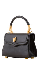 1990s Italian Gold Panther Head Black Faux Lizard Skin Handbag