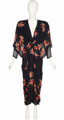 1980s Koi Fish Draped Black Chiffon Evening Dress