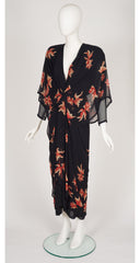 1980s Koi Fish Draped Black Chiffon Evening Dress