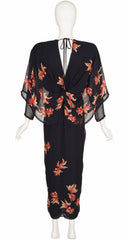 1980s Koi Fish Draped Black Chiffon Evening Dress