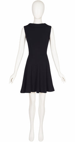 1960s Black Crepe Sleeveless A-Line Dress