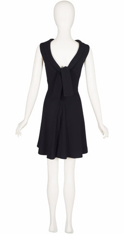 1960s Black Crepe Sleeveless A-Line Dress