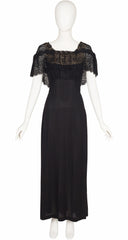 1940s Scalloped Lace Collar Black Rayon Crepe Gown