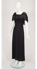 1940s Scalloped Lace Collar Black Rayon Crepe Gown