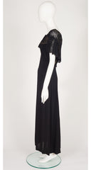 1940s Scalloped Lace Collar Black Rayon Crepe Gown