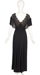 1940s Scalloped Lace Collar Black Rayon Crepe Gown