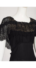 1940s Scalloped Lace Collar Black Rayon Crepe Gown