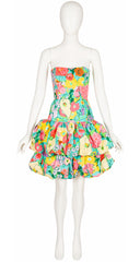 1980s Floral Cotton Bubble Skirt Strapless Party Dress