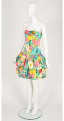 1980s Floral Cotton Bubble Skirt Strapless Party Dress