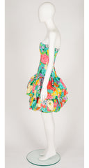 1980s Floral Cotton Bubble Skirt Strapless Party Dress