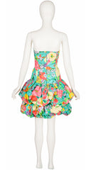 1980s Floral Cotton Bubble Skirt Strapless Party Dress