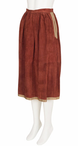 1970s Passementerie Trim Brown Suede Jacket & Skirt Set