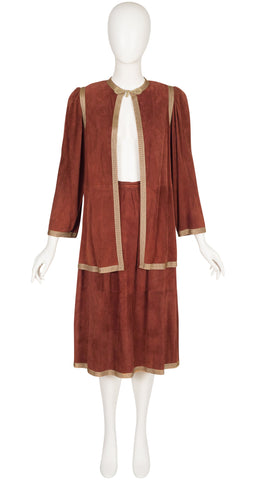 1970s Passementerie Trim Brown Suede Jacket & Skirt Set