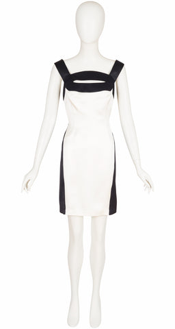 1990s NWT Black & White Satin Silhouette Cocktail Dress