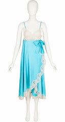 1970s Blue Silk Lace Trim Peignoir & Nightgown Set