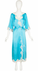 1970s Blue Silk Lace Trim Peignoir & Nightgown Set