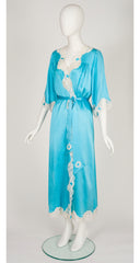 1970s Blue Silk Lace Trim Peignoir & Nightgown Set