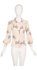 1970s Bow Novelty Print Cream Dagger Collar Blouse