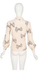 1970s Bow Novelty Print Cream Dagger Collar Blouse