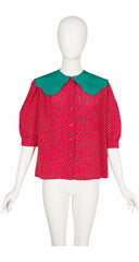 1980s Strawberry Silk Puff Sleeve Blouse