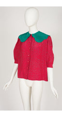 1980s Strawberry Silk Puff Sleeve Blouse