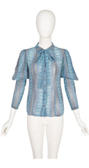 1970s Blue Snakeskin Print Silk Chiffon Juliet Sleeve Blouse