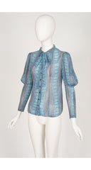 1970s Blue Snakeskin Print Silk Chiffon Juliet Sleeve Blouse